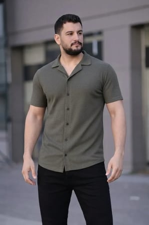 Erkek Waffle Dokuma Açık Yakalı Düğmeli Regular Kalıp 2’li Gömlek Seti  Haki  Bej