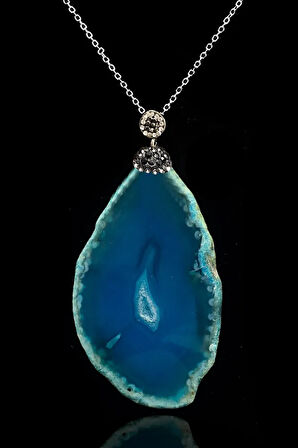 Sertifikalı Zirkon Taşlı Model Plaka Mavi Akik Taşı Kolye