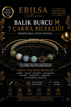 Sertifikalı Balık Burcu 7 Çakra Doğal Taş Bileklik - Ayarlamalı Unisex Lüks Hem Bileklik Hem Halhal