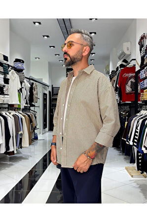 Gofre Kumaş Çizgili Oversize Erkek Gömlek
