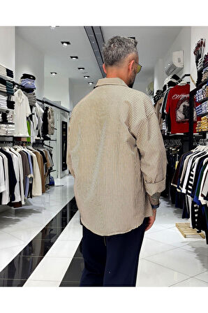 Gofre Kumaş Çizgili Oversize Erkek Gömlek