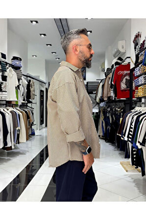 Gofre Kumaş Çizgili Oversize Erkek Gömlek