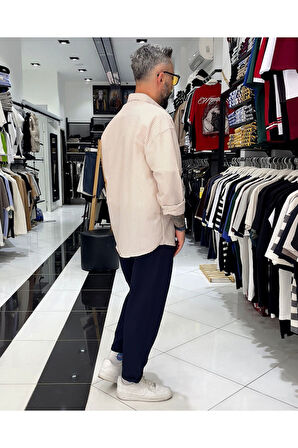 Gofre Kumaş Çizgili Oversize Erkek Gömlek