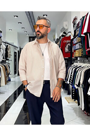 Gofre Kumaş Çizgili Oversize Erkek Gömlek