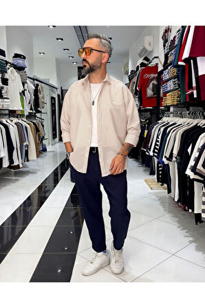 Gofre Kumaş Çizgili Oversize Erkek Gömlek