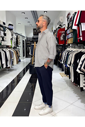 Gofre Kumaş Çizgili Oversize Erkek Gömlek