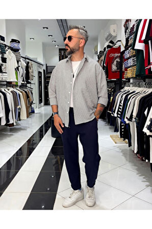 Gofre Kumaş Çizgili Oversize Erkek Gömlek