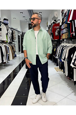 Gofre Kumaş Çizgili Oversize Erkek Gömlek