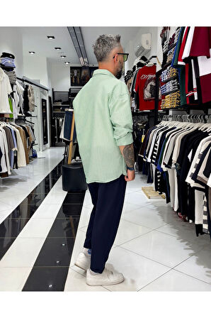 Gofre Kumaş Çizgili Oversize Erkek Gömlek