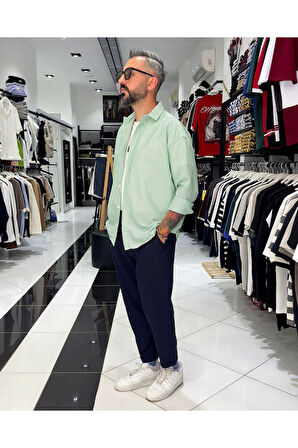 Gofre Kumaş Çizgili Oversize Erkek Gömlek