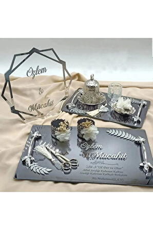 Gümüş Aynalı Pleksi Isimlik Söz Tepsisi Ve Damat Kahve Tepsi Seti