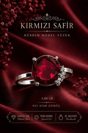Sertifikalı Kırmızı Safir Hürrem Model 925 Ayar Gümüş Ayarlanabilir Kadın Yüzük 5 Karat