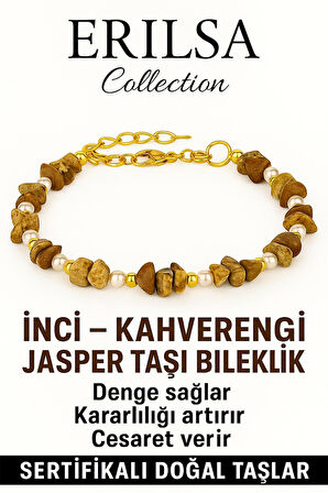 Sertifikalı Kırık Taşlı Model İnci – Kahverengi Jasper Taşı Bileklik – Enerji ve Denge