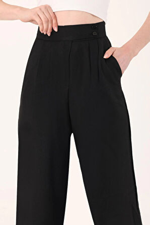 Kadın Siyah Çift Düğmeli Keten Palazzo Pantolon