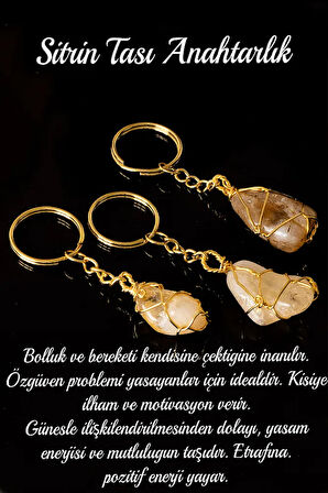 Sertifikalı Tel Sargılı Sitrin Taşı Anahtarlık - Altın Kaplama