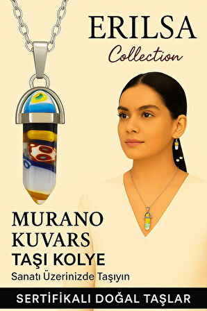 Sertifikalı Çivi Model Murano Kuvars Taşı Kolye (Canlı Renkli Sanat Desenli)