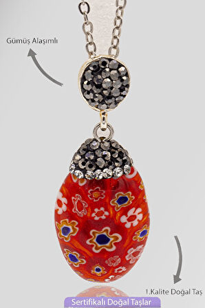 Sertifikalı Zirkon Taşlı Model Kırmızı Murano Kuvars Taşı Kolye