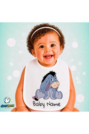 Kişiye Özel Eeyore Keten Bebek Mama Önlüğü – Yumuşak, Emici, Yıkanabilir, Özel Tasarım P082