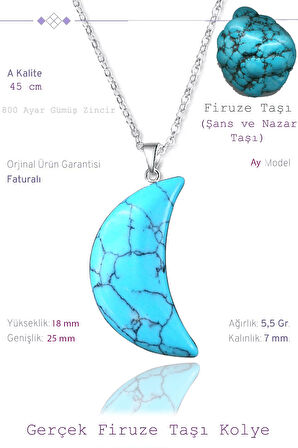 Sertifikalı Ay Model Gerçek Firuze (Turkuaz) Taşı Kolye