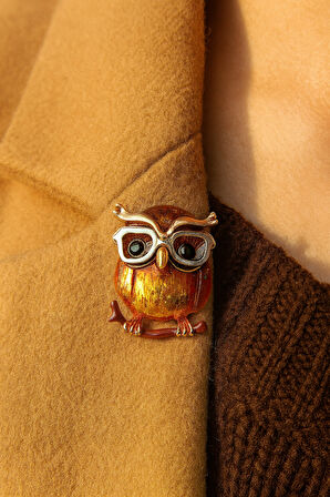 Altın Yansımalı Amber Taşlı Gözlüklü Baykuş Formunda Zarif Çelik Broş