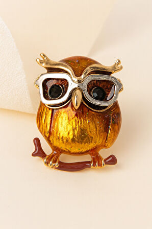 Altın Yansımalı Amber Taşlı Gözlüklü Baykuş Formunda Zarif Çelik Broş