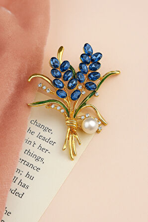 Altın Tonlu Mavi Taşlı İnci Detaylı Lavanta Demeti Formlu Broş