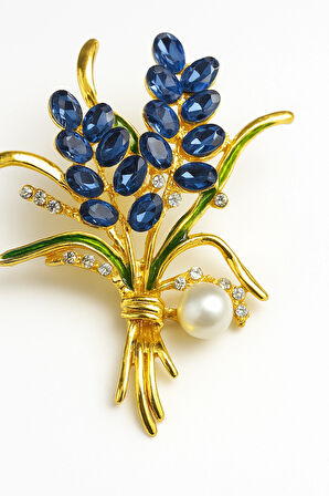 Altın Tonlu Mavi Taşlı İnci Detaylı Lavanta Demeti Formlu Broş