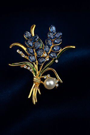 Altın Tonlu Mavi Taşlı İnci Detaylı Lavanta Demeti Formlu Broş