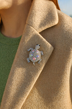 Gümüş Kaplama Renkli Taş Detaylı Kaplumbağa Figürlü Kadın Broş Aksesuar