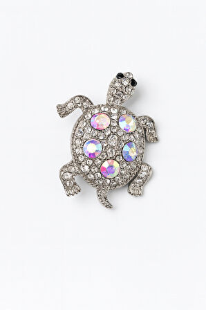 Gümüş Kaplama Renkli Taş Detaylı Kaplumbağa Figürlü Kadın Broş Aksesuar