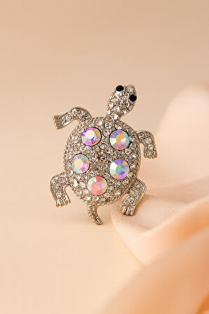 Gümüş Kaplama Renkli Taş Detaylı Kaplumbağa Figürlü Kadın Broş Aksesuar