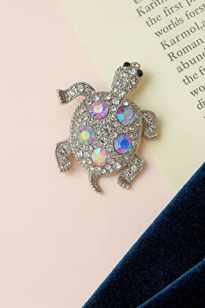 Gümüş Kaplama Renkli Taş Detaylı Kaplumbağa Figürlü Kadın Broş Aksesuar