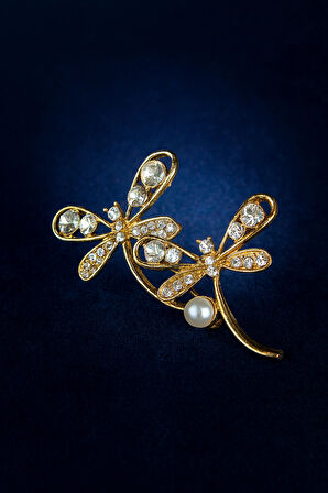 Altın Kaplama Çift Yusufçuk Figürlü İnci Taş Detaylı Zarif Çelik Broş Kadın Aksesuar