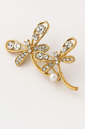 Altın Kaplama Çift Yusufçuk Figürlü İnci Taş Detaylı Zarif Çelik Broş Kadın Aksesuar