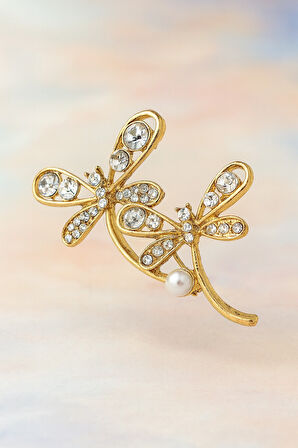 Altın Kaplama Çift Yusufçuk Figürlü İnci Taş Detaylı Zarif Çelik Broş Kadın Aksesuar