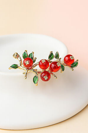 Altın Kaplama Kırmızı Taşlı Dallı Çiçek Motifli Çelik Kadın Broş Aksesuar