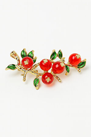 Altın Kaplama Kırmızı Taşlı Dallı Çiçek Motifli Çelik Kadın Broş Aksesuar
