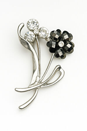 Kristal Taş Detaylı Gümüş Ton Çiçek Formlu Zarif Metal Broş Aksesuar