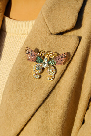 Altın Tonlu Kristal Taşlı Pembe Yeşil Kanatlı Kelebek Broş