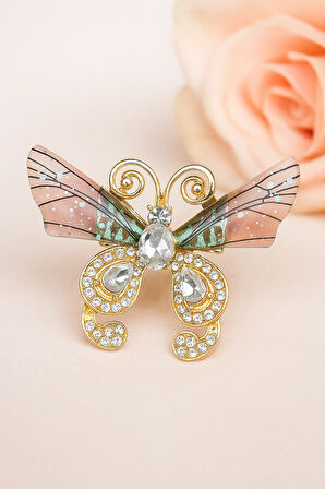 Altın Tonlu Kristal Taşlı Pembe Yeşil Kanatlı Kelebek Broş