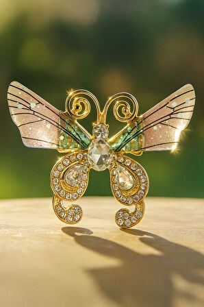 Altın Tonlu Kristal Taşlı Pembe Yeşil Kanatlı Kelebek Broş