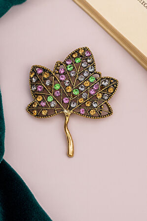 Altın Kaplama Renkli Taşlı Yaprak Formlu Çelik Broş Zarif Tasarım