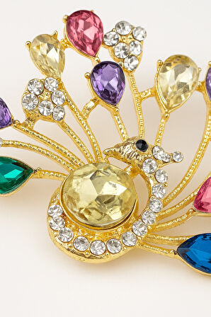 Altın Tonlu Renkli Taşlı Tavus Kuşu Şeklinde Işıltılı Zarif Broş Aksesuar