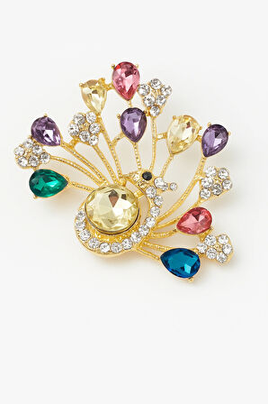 Altın Tonlu Renkli Taşlı Tavus Kuşu Şeklinde Işıltılı Zarif Broş Aksesuar