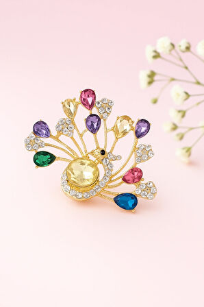 Altın Tonlu Renkli Taşlı Tavus Kuşu Şeklinde Işıltılı Zarif Broş Aksesuar