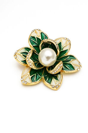 Zümrüt Yeşili İnci Detaylı Altın Renk Çiçek Formlu Broş