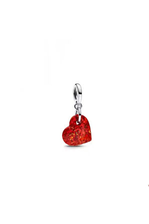 Gümüş Işıltılı Kırmızı Kalp Sallantılı Gümüş Charm