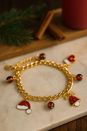 Altın Kaplama Zincir Formlu Kırmızı Beyaz Yılbaşı Temalı Çelik Charm Bileklik