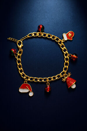 Altın Kaplama Zincir Formlu Kırmızı Beyaz Yılbaşı Temalı Çelik Charm Bileklik