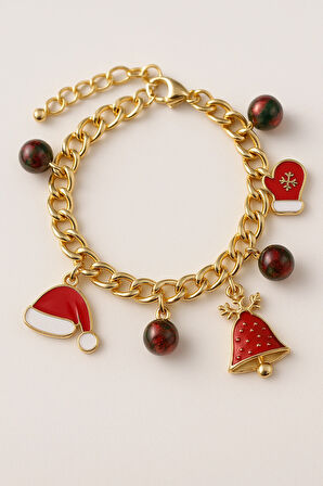 Altın Kaplama Zincir Formlu Kırmızı Beyaz Yılbaşı Temalı Çelik Charm Bileklik